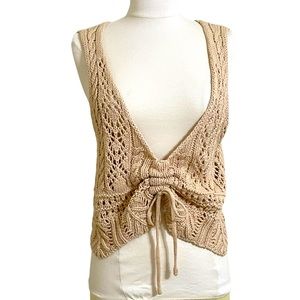 New JUNIPER BLU Womens Tan Deep V-Front Ruched Crochet Sweater Size Large